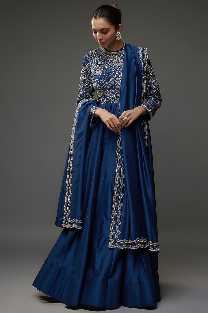 Blue Silk Zari Embroidered Anarkali Set by Jayanti Reddy