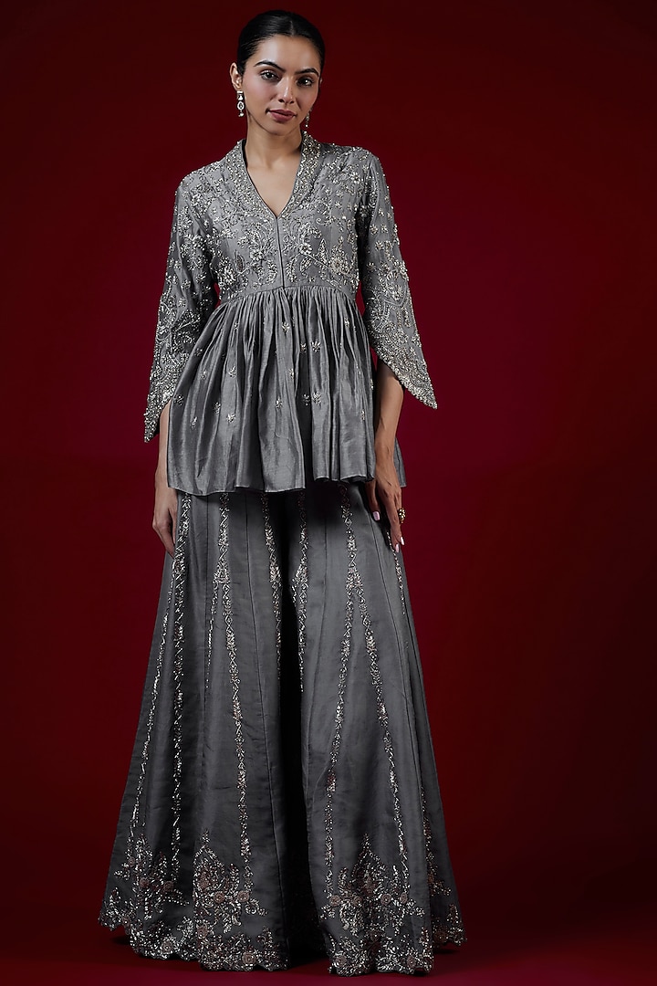 Teal Grey Silk Zari Embroidered Bridal Sharara Set by Jayanti Reddy at Pernia's Pop Up Shop