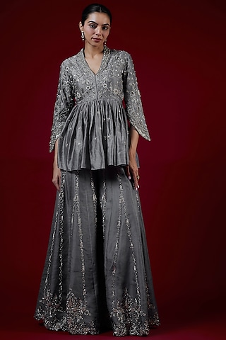 Teal Grey Silk Zari Embroidered Sharara Set by Jayanti Reddy