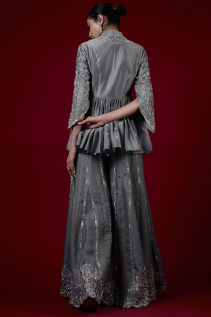Teal Grey Silk Zari Embroidered Bridal Sharara Set by Jayanti Reddy at Pernia's Pop Up Shop