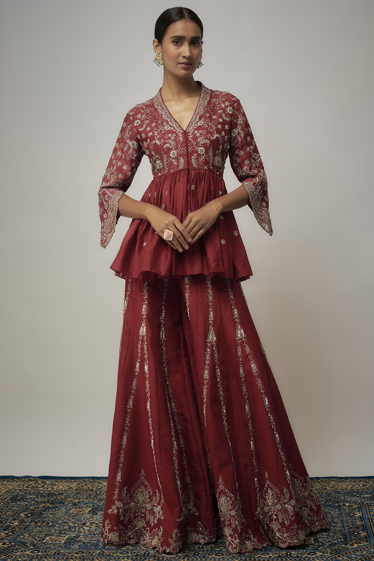 Red Silk Zardosi Embroidered Bridal Sharara Set by Jayanti Reddy at Pernia's Pop Up Shop