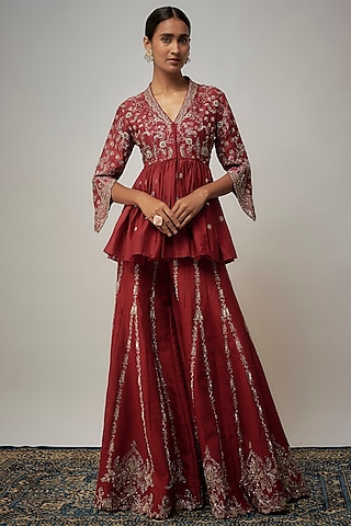 Red Silk Zardosi Embroidered Sharara Set by Jayanti Reddy