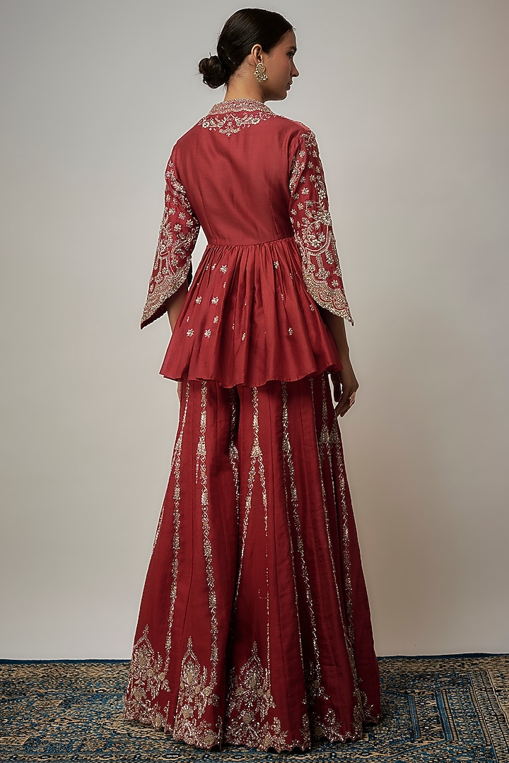 Red Silk Zardosi Embroidered Bridal Sharara Set by Jayanti Reddy at Pernia's Pop Up Shop