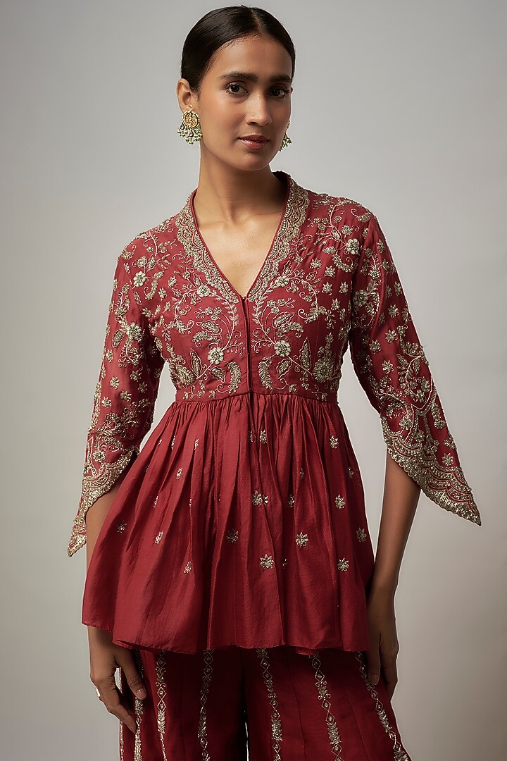 Red Silk Zardosi Embroidered Bridal Sharara Set by Jayanti Reddy at Pernia's Pop Up Shop