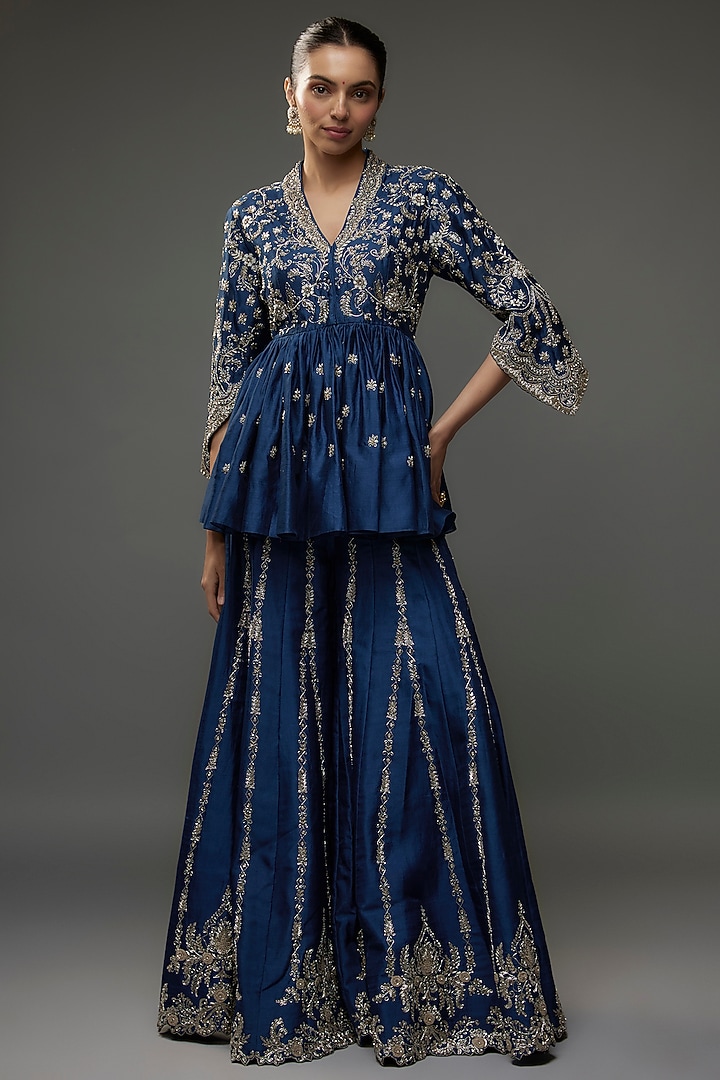Navy Blue Silk Zari Embroidered Bridal Sharara Set by Jayanti Reddy at Pernia's Pop Up Shop