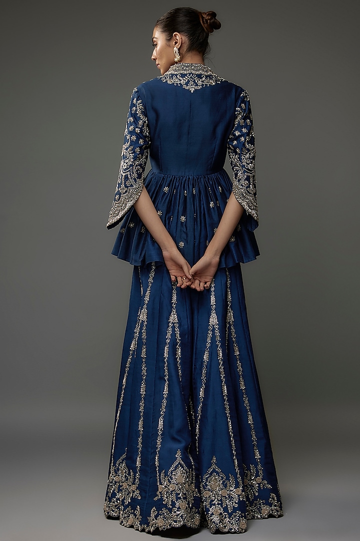 Navy Blue Silk Zari Embroidered Bridal Sharara Set by Jayanti Reddy at Pernia's Pop Up Shop