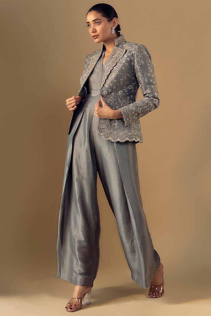 Grey Silk Jumpsuit With Zari Embroidered Jacket by Jayanti Reddy