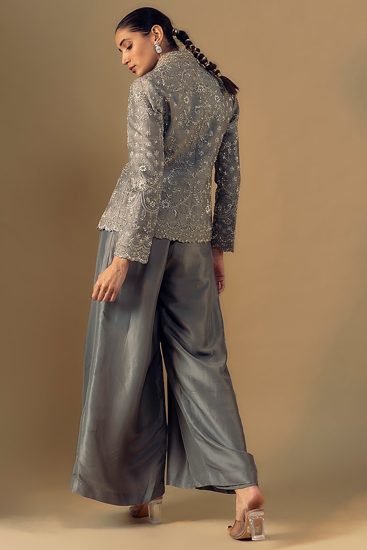 Grey Silk Jumpsuit With Zari Embroidered Jacket by Jayanti Reddy at Pernia's Pop Up Shop