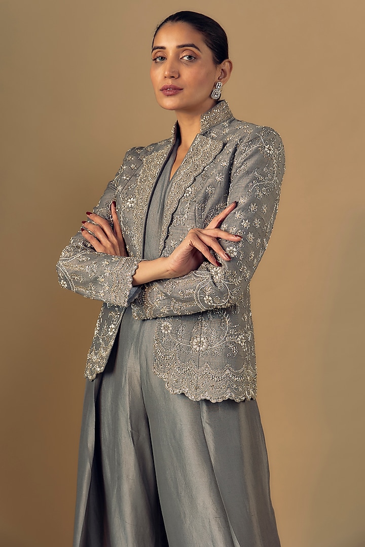 Grey Silk Jumpsuit With Zari Embroidered Jacket by Jayanti Reddy at Pernia's Pop Up Shop