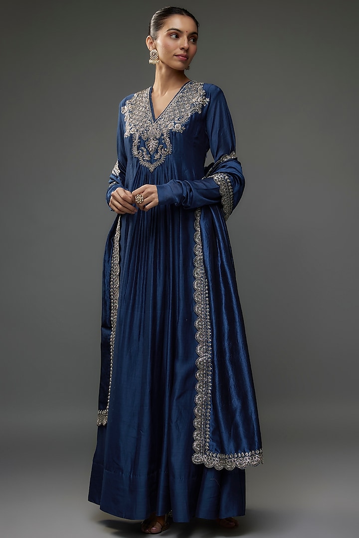 Navy Blue Silk Zari Embroidered Anarkali Set by Jayanti Reddy at Pernia's Pop Up Shop