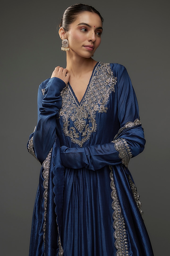 Navy Blue Silk Zari Embroidered Bridal Anarkali Set by Jayanti Reddy at Pernia's Pop Up Shop