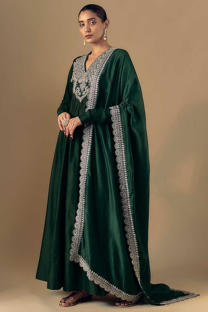 Emerald Green Silk Zari Embroidered Anarkali Set by Jayanti Reddy