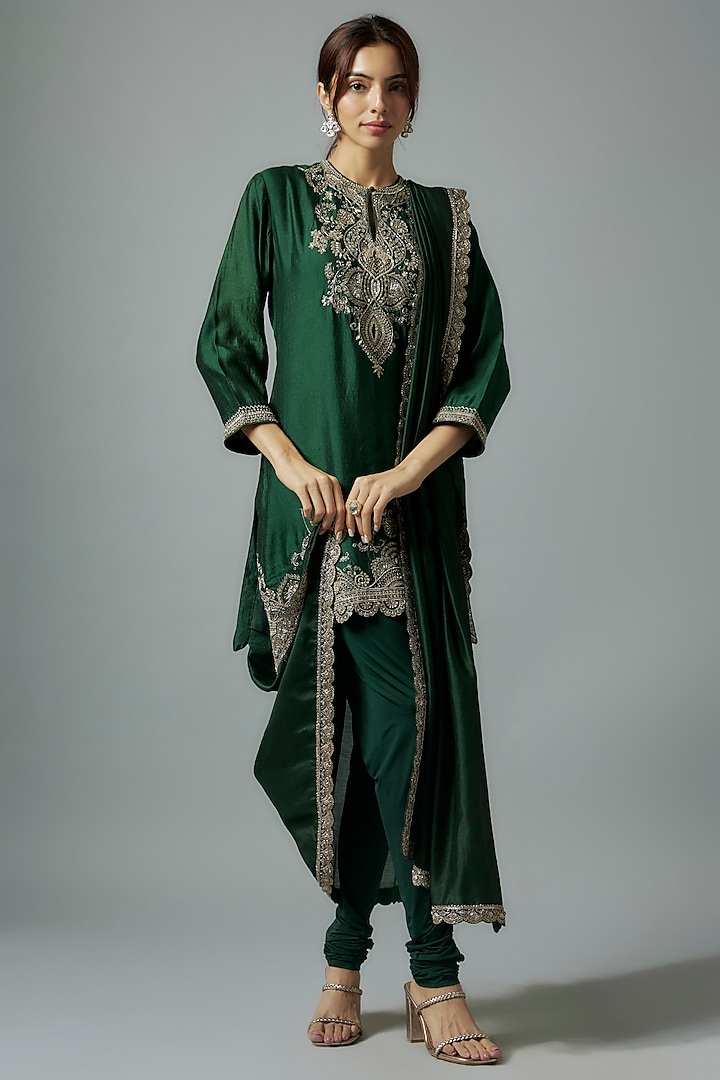 Emerald Green Silk Zari Embroidered Kurta Set by Jayanti Reddy