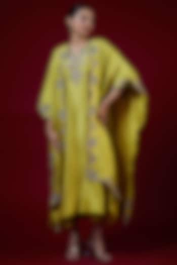 Lime Green Silk Zari Embroidered Kaftan Set by Jayanti Reddy at Pernia's Pop Up Shop