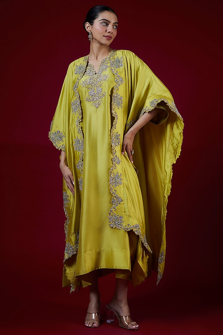 Lime Green Silk Zari Embroidered Kaftan Set by Jayanti Reddy at Pernia's Pop Up Shop