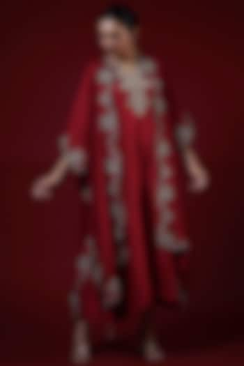 Red Silk Zari Embroidered Kaftan Set by Jayanti Reddy at Pernia's Pop Up Shop