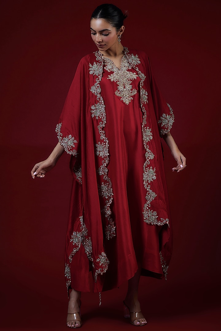 Red Silk Zari Embroidered Kaftan Set by Jayanti Reddy at Pernia's Pop Up Shop