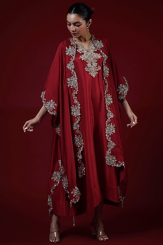 Red Silk Zari Embroidered Kaftan Set by Jayanti Reddy