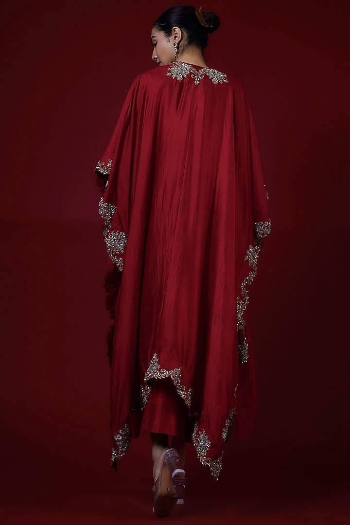 Red Silk Zari Embroidered Kaftan Set by Jayanti Reddy at Pernia's Pop Up Shop