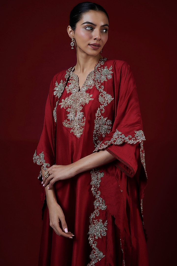 Red Silk Zari Embroidered Kaftan Set by Jayanti Reddy at Pernia's Pop Up Shop