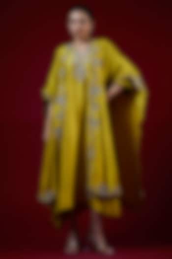 Mustard Silk Zari Embroidered Kaftan Set by Jayanti Reddy at Pernia's Pop Up Shop