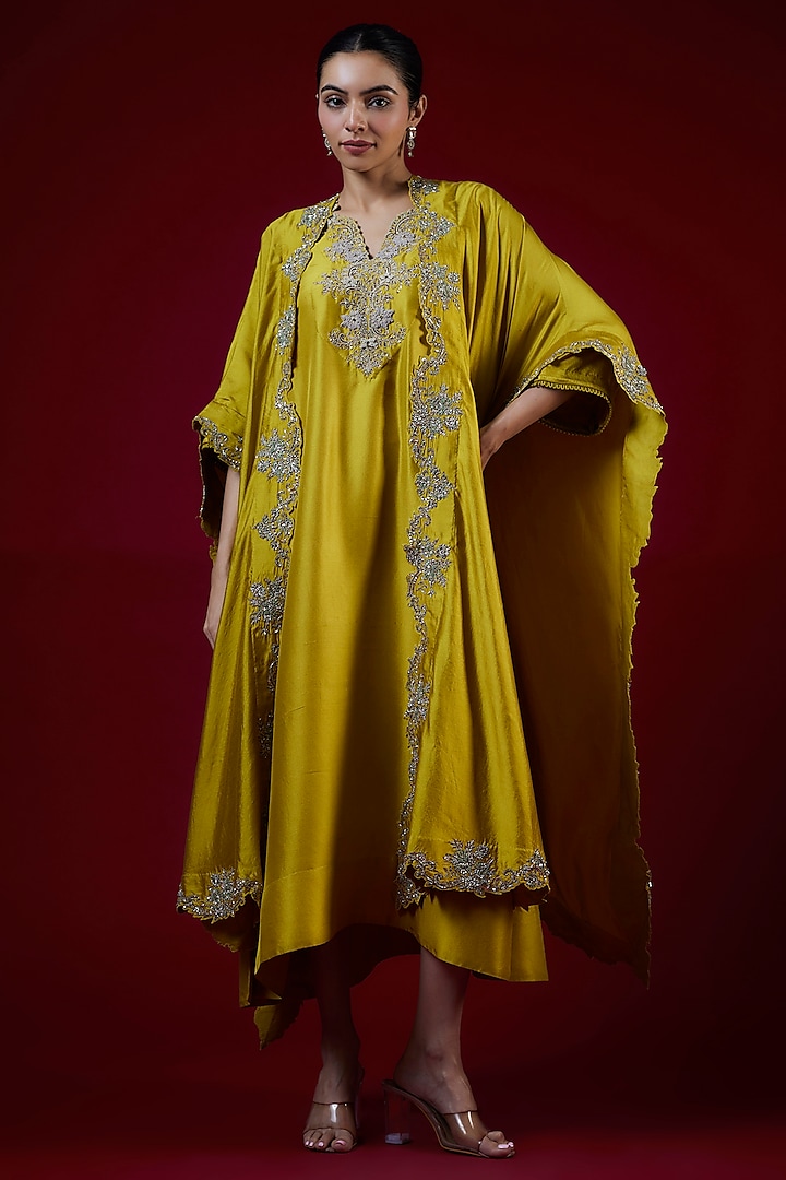 Mustard Silk Zari Embroidered Kaftan Set by Jayanti Reddy at Pernia's Pop Up Shop