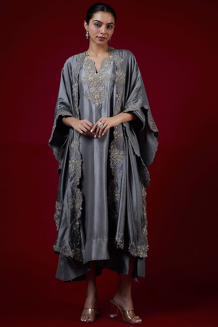 Grey Silk Zari Embroidered Kaftan Set by Jayanti Reddy at Pernia's Pop Up Shop