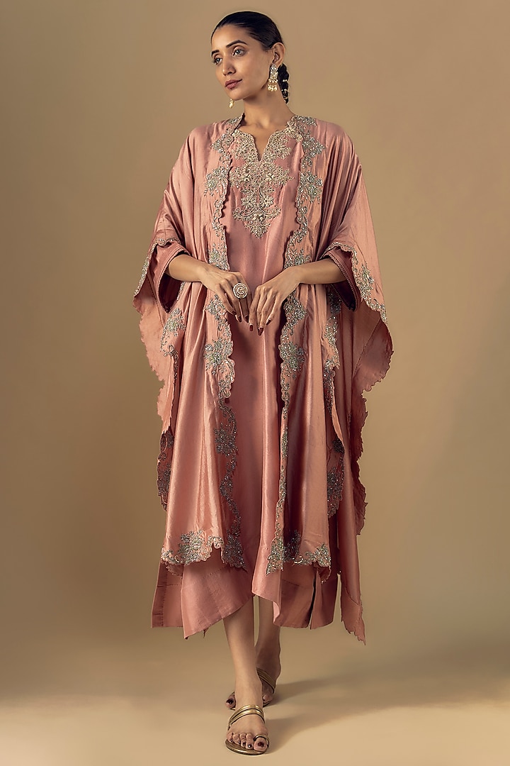 Peach Silk Zari Embroidered Kaftan Set by Jayanti Reddy at Pernia's Pop Up Shop