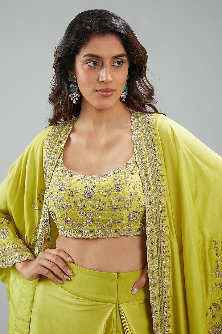 Lime Green Silk Zari Embroidered Cape Set by Jayanti Reddy at Pernia's Pop Up Shop