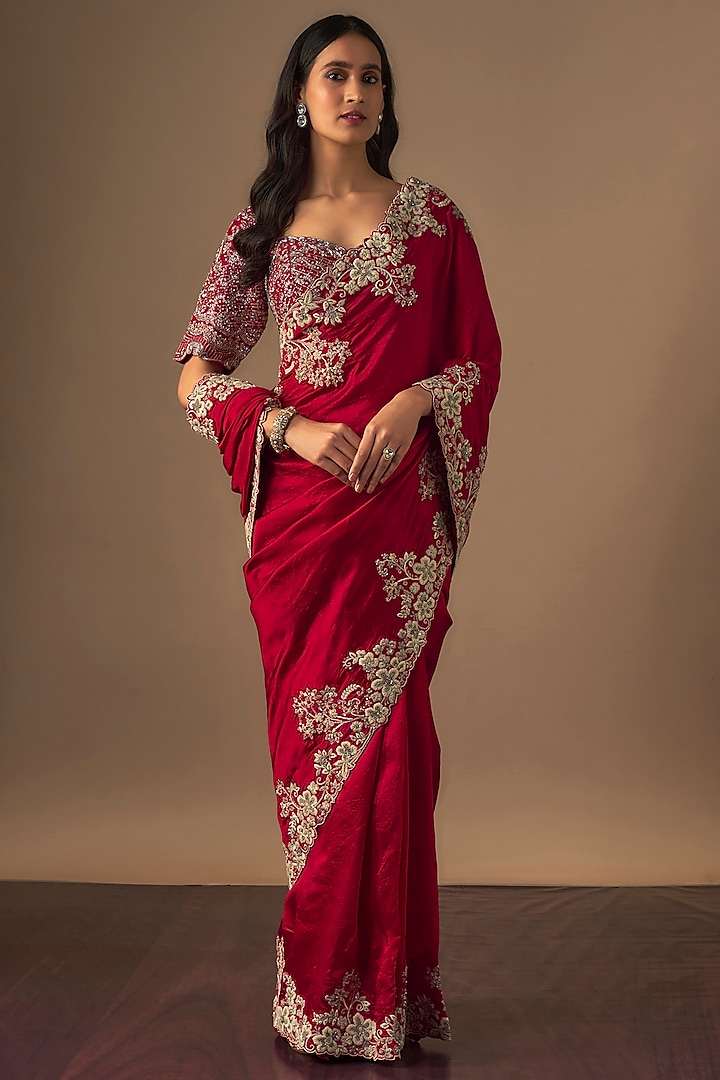 Red Silk Zardosi Embroidered Saree Set by Jayanti Reddy at Pernia's Pop Up Shop