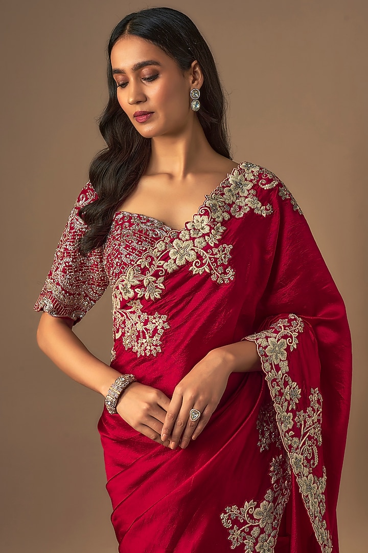 Red Silk Zardosi Embroidered Bridal Saree Set by Jayanti Reddy at Pernia's Pop Up Shop