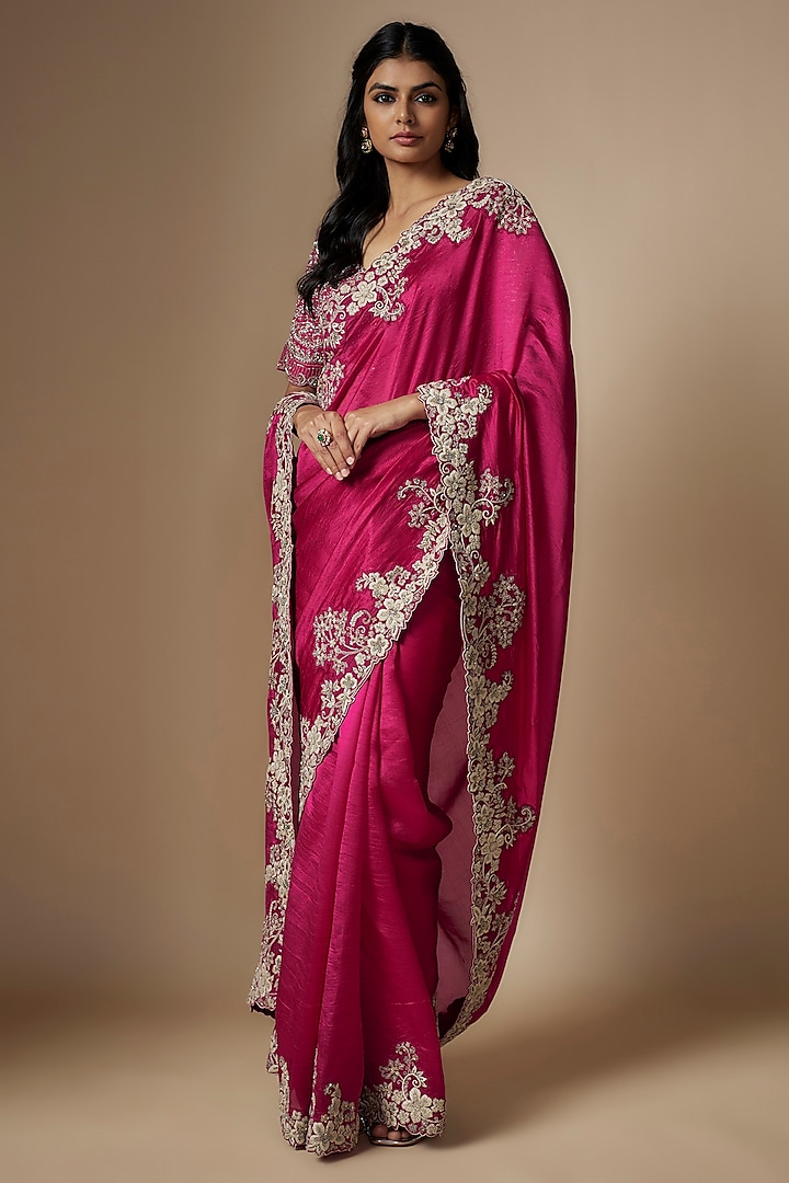 Pink Silk Thread & Zari Embroidered Saree Set by Jayanti Reddy