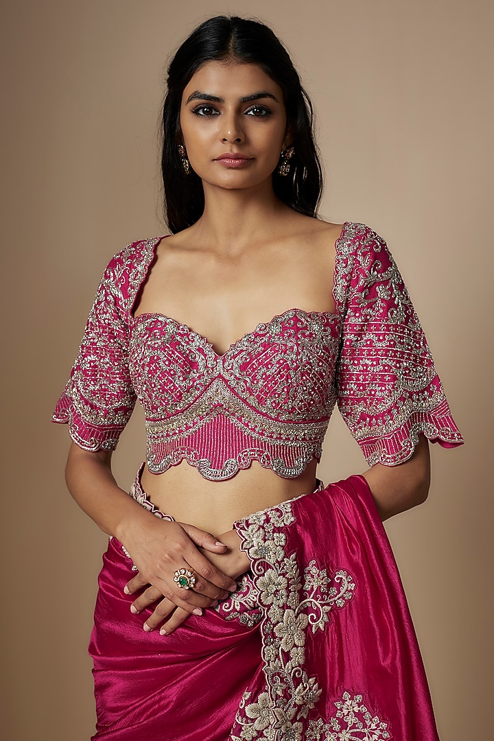 Pink Silk Thread & Zari Embroidered Bridal Saree Set by Jayanti Reddy at Pernia's Pop Up Shop
