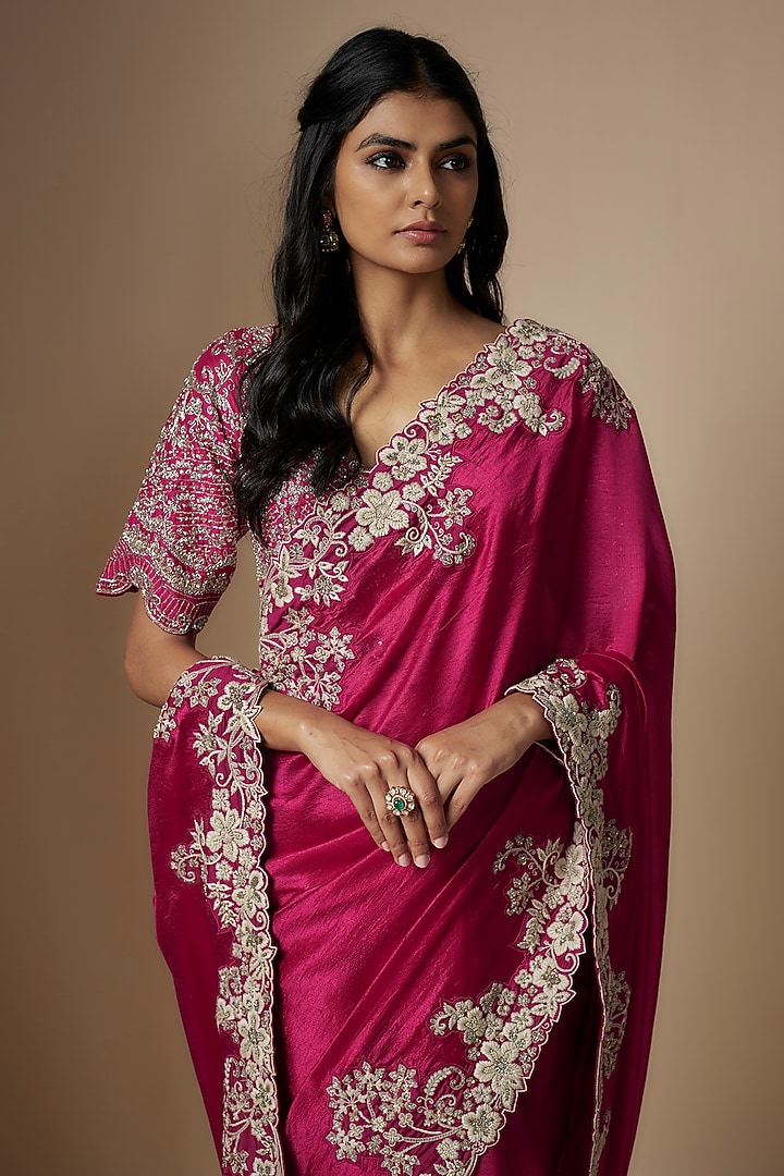 Pink Silk Thread & Zari Embroidered Bridal Saree Set by Jayanti Reddy at Pernia's Pop Up Shop