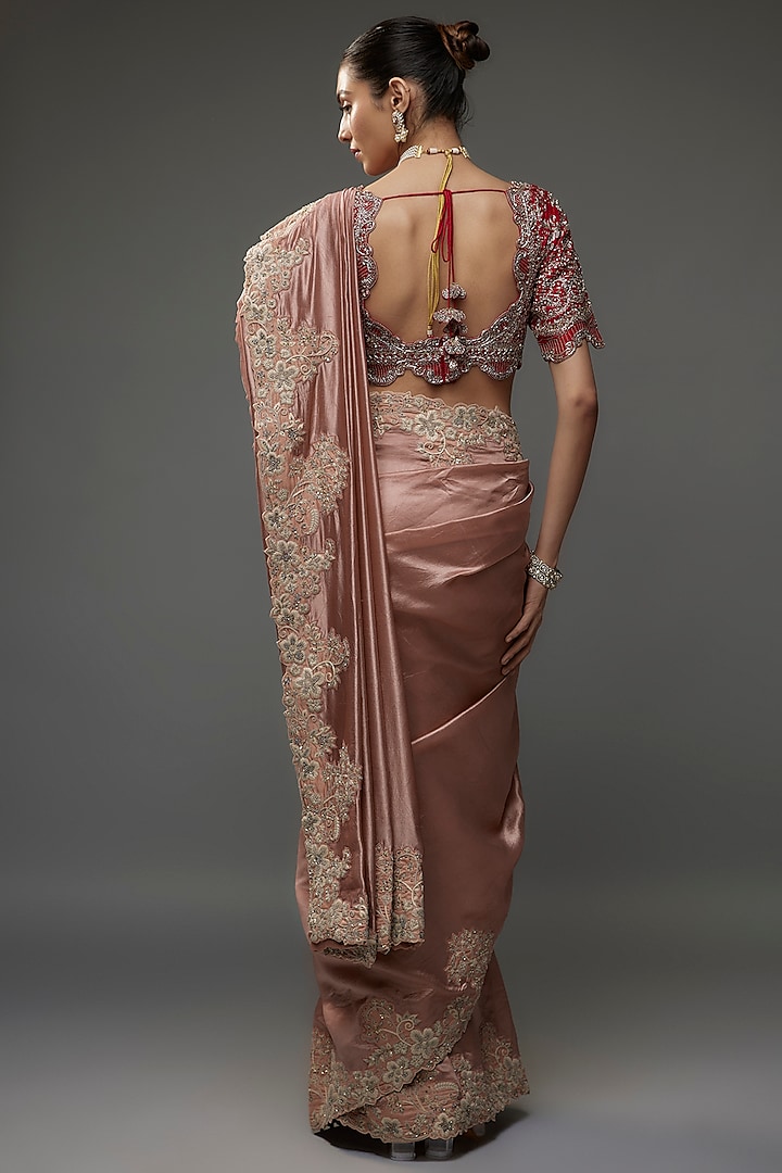 Peach Silk Zari Embroidered Bridal Saree Set by Jayanti Reddy at Pernia's Pop Up Shop