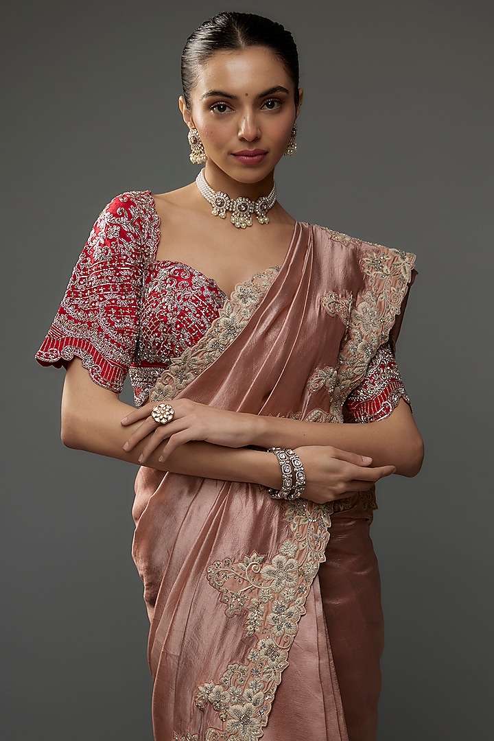 Peach Silk Zari Embroidered Bridal Saree Set by Jayanti Reddy at Pernia's Pop Up Shop