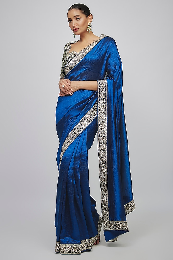 Navy Blue Silk Zari Embroidered Saree Set by Jayanti Reddy