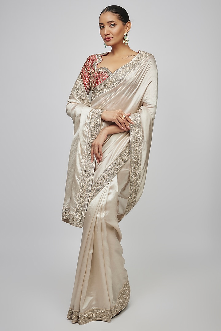 Ivory Silk Zari Embroidered Saree Set by Jayanti Reddy