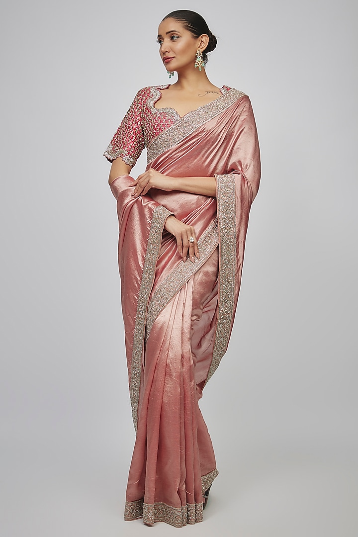 Peach Silk Zari Embroidered Saree Set by Jayanti Reddy
