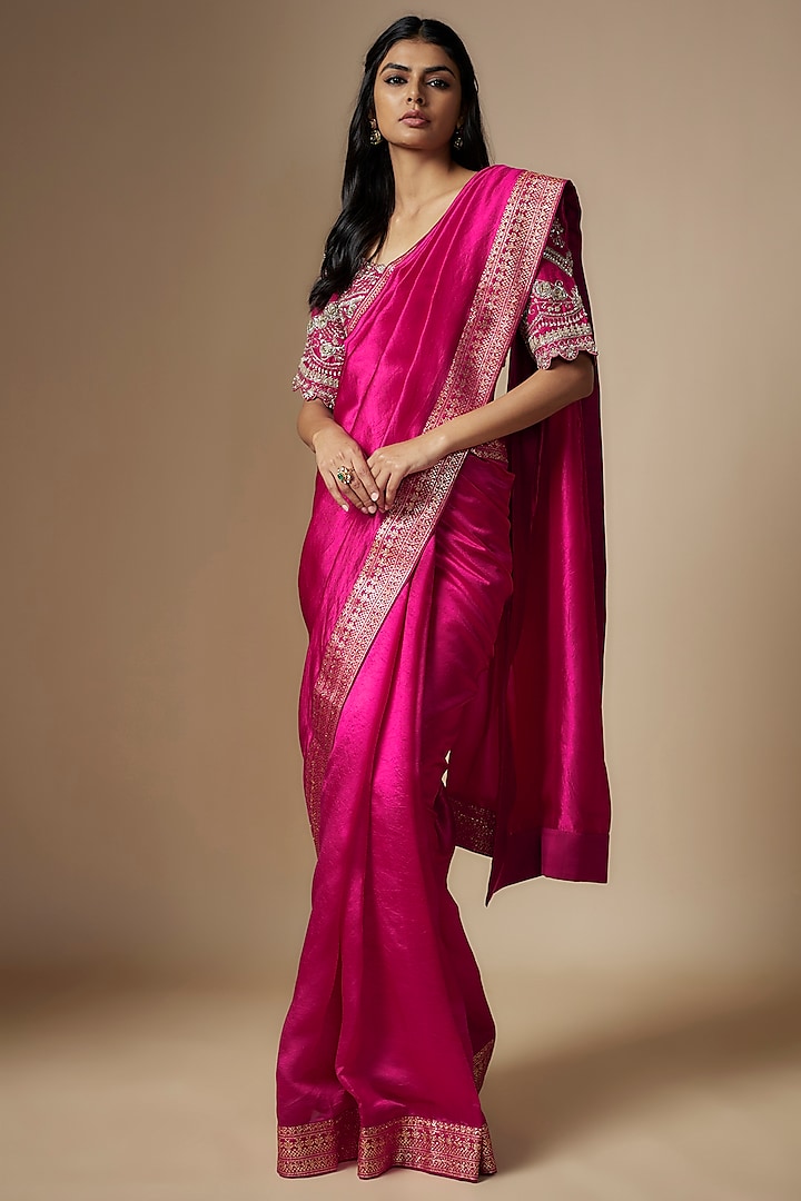 Pink Silk Zari Embroidered Saree Set by Jayanti Reddy at Pernia's Pop Up Shop