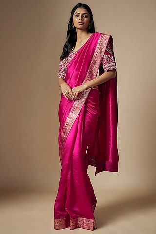 Pink Silk Zari Embroidered Saree Set by Jayanti Reddy