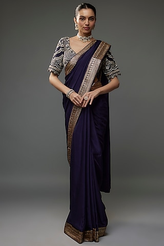 Purple Silk Zari Embroidered Saree Set by Jayanti Reddy