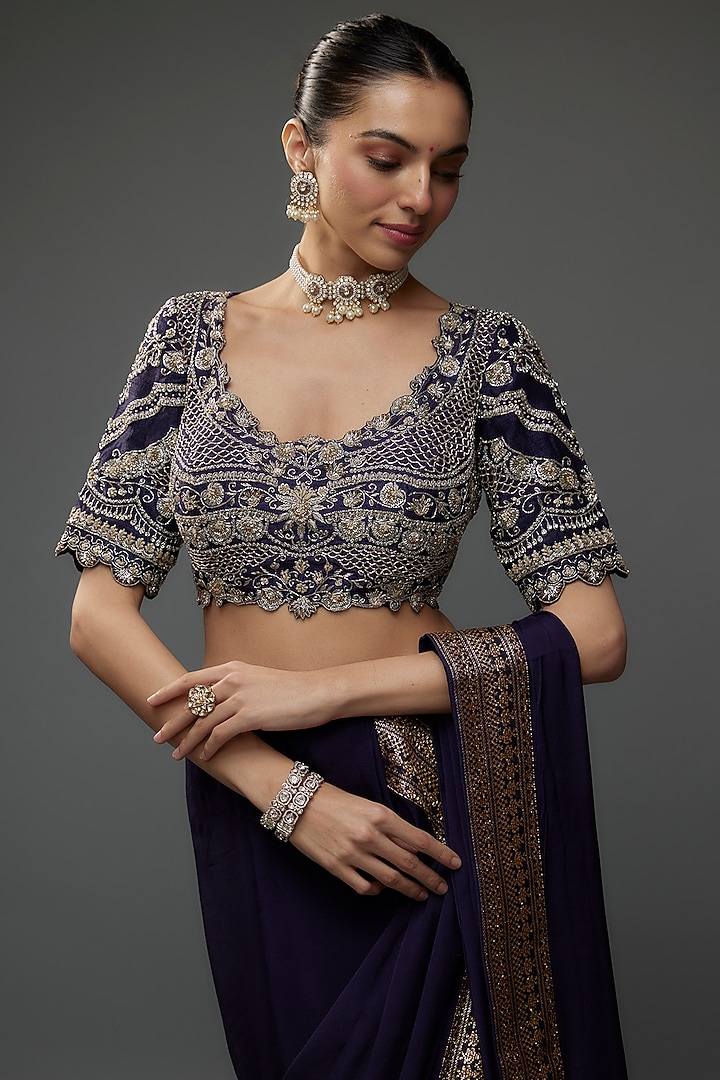 Purple Silk Zari Embroidered Reception Saree Set by Jayanti Reddy at Pernia's Pop Up Shop