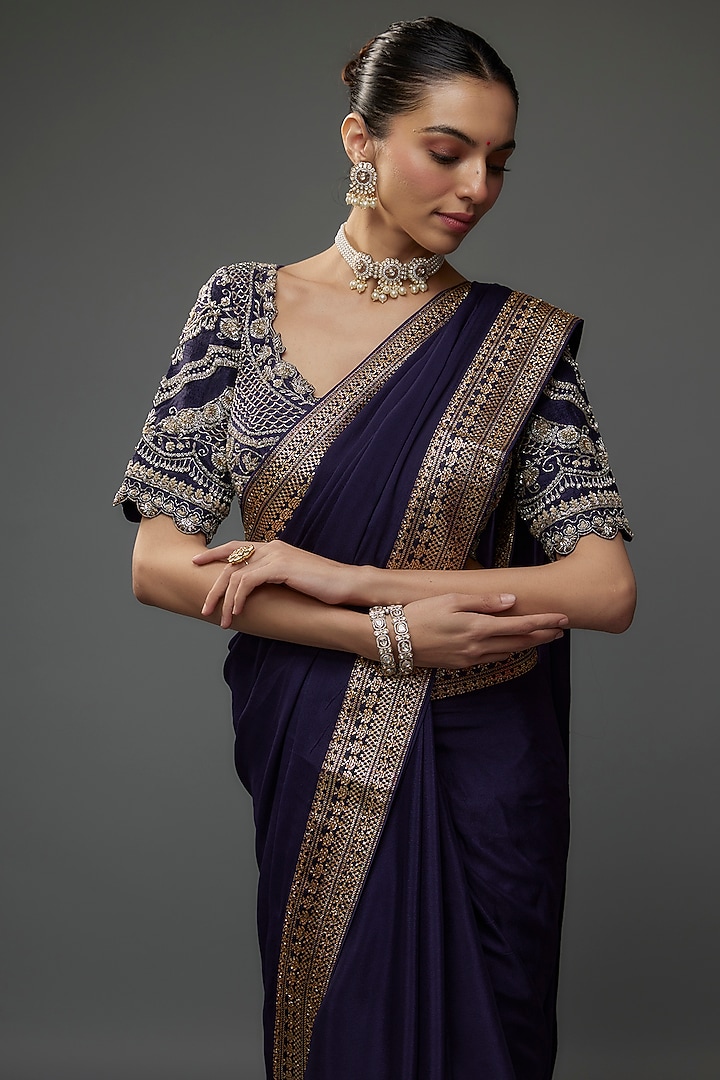 Purple Silk Zari Embroidered Reception Saree Set by Jayanti Reddy at Pernia's Pop Up Shop