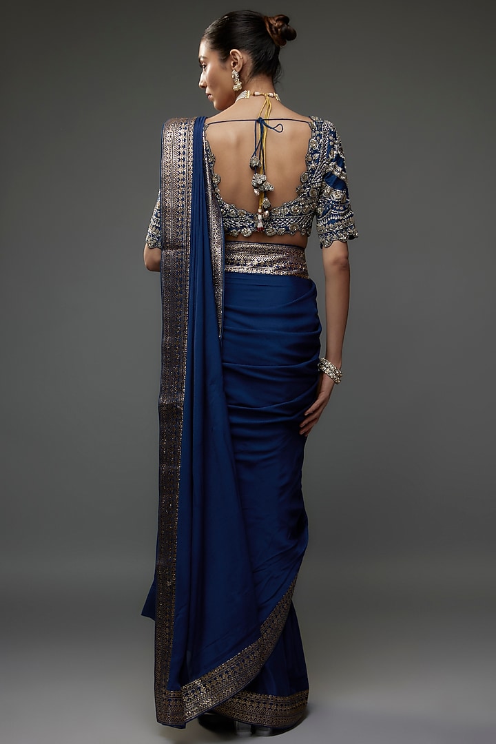 Navy Blue Silk Zari Embroidered Reception Saree Set by Jayanti Reddy at Pernia's Pop Up Shop