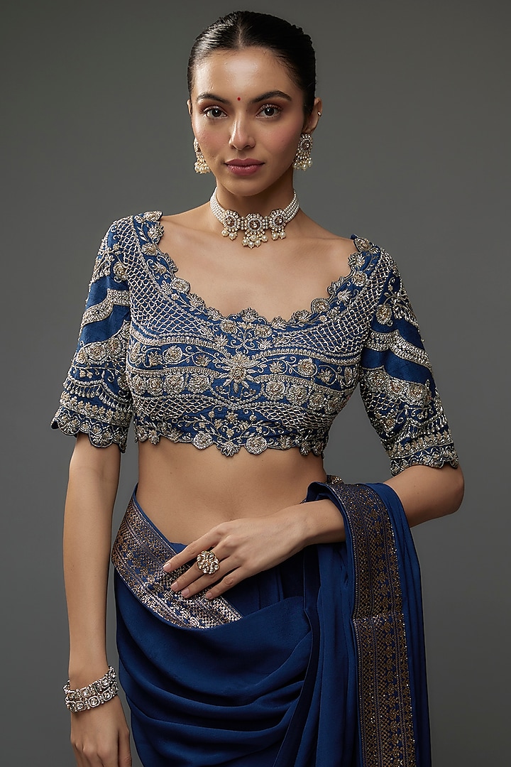 Navy Blue Silk Zari Embroidered Reception Saree Set by Jayanti Reddy at Pernia's Pop Up Shop