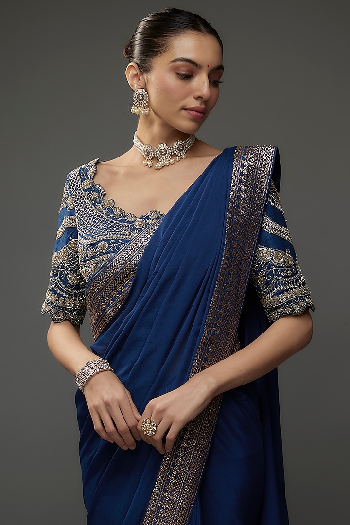 Navy Blue Silk Zari Embroidered Reception Saree Set by Jayanti Reddy at Pernia's Pop Up Shop