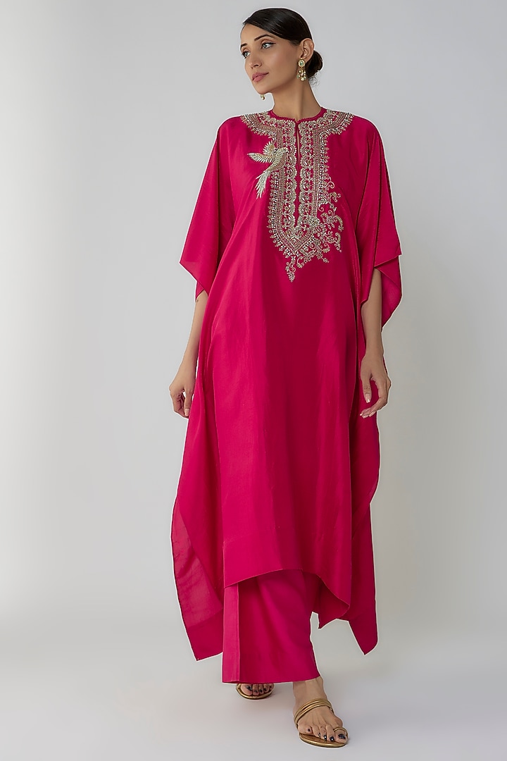 Pink Silk Zari Embroidered Kaftan Set by Jayanti Reddy at Pernia's Pop Up Shop