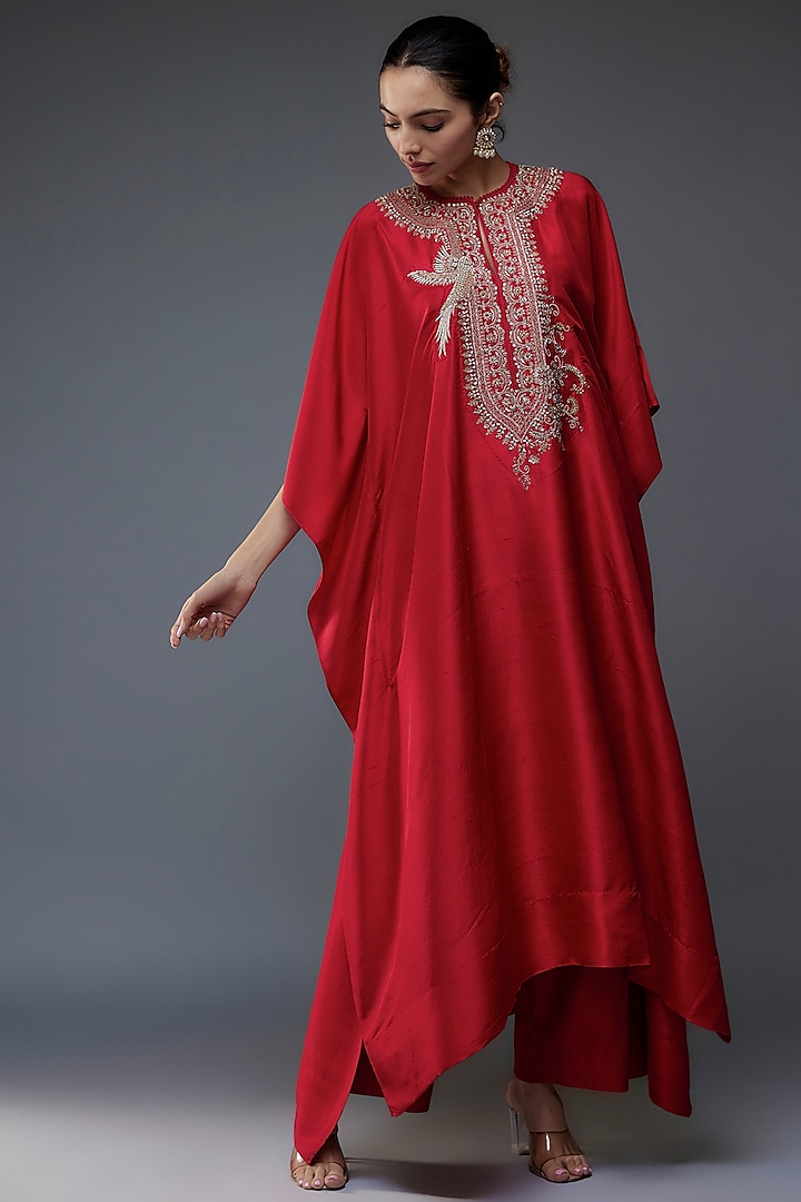 Red Silk Zari Embroidered Kaftan Set by Jayanti Reddy at Pernia's Pop Up Shop