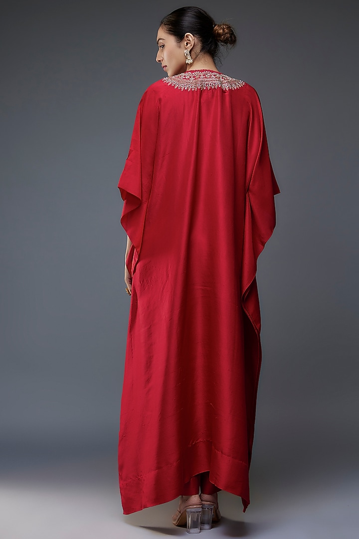 Red Silk Zari Embroidered Kaftan Set by Jayanti Reddy at Pernia's Pop Up Shop